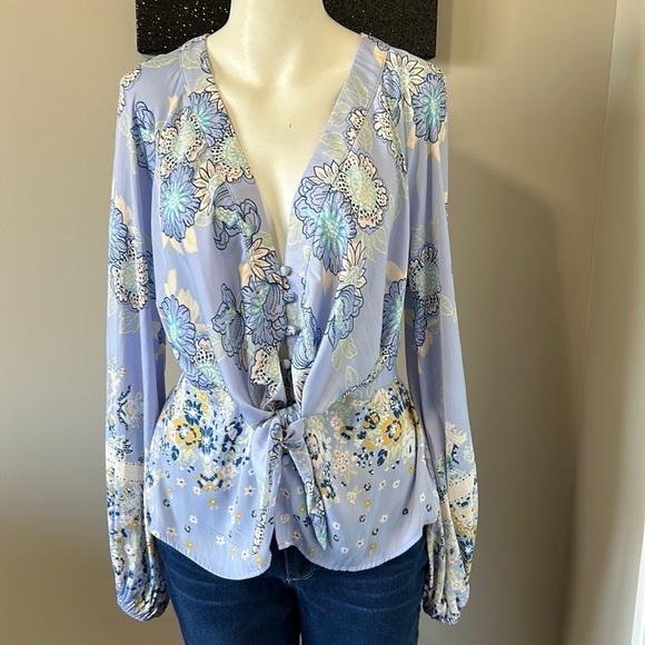 FREE PEOPLE Run Free Blouse Periwinkle Ruffle Floral Long Sleeve Sz S - Picture 5 of 12